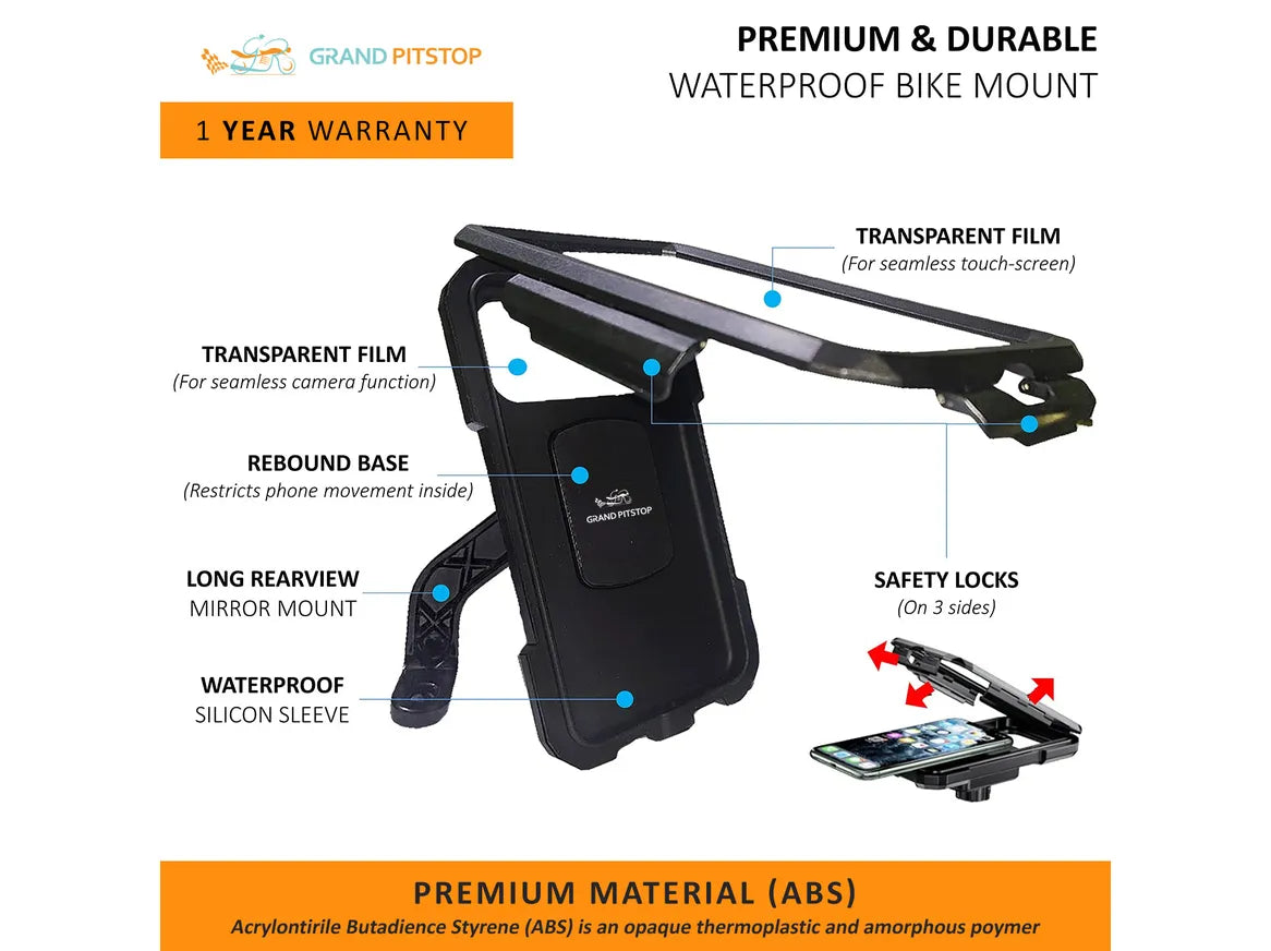 Grand Pitstop Mirror Mount Fully Waterproof Bike Mobile Phone Holder Mount without charger - ItZspeed