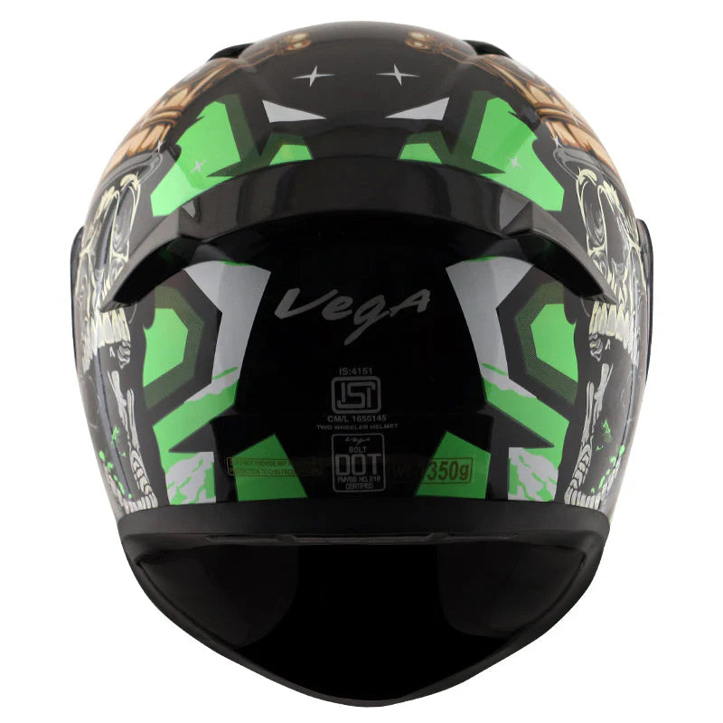 Vega Bolt Crown Skull Black & Neon Green Color Helmet